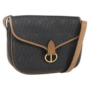 Authentic Christian Dior Honeycomb Canvas Shoulder Bag PVC Black Brown gold